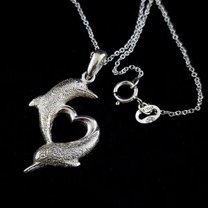 Two dolphins heart necklace solid sterling silver beach love silver necklace